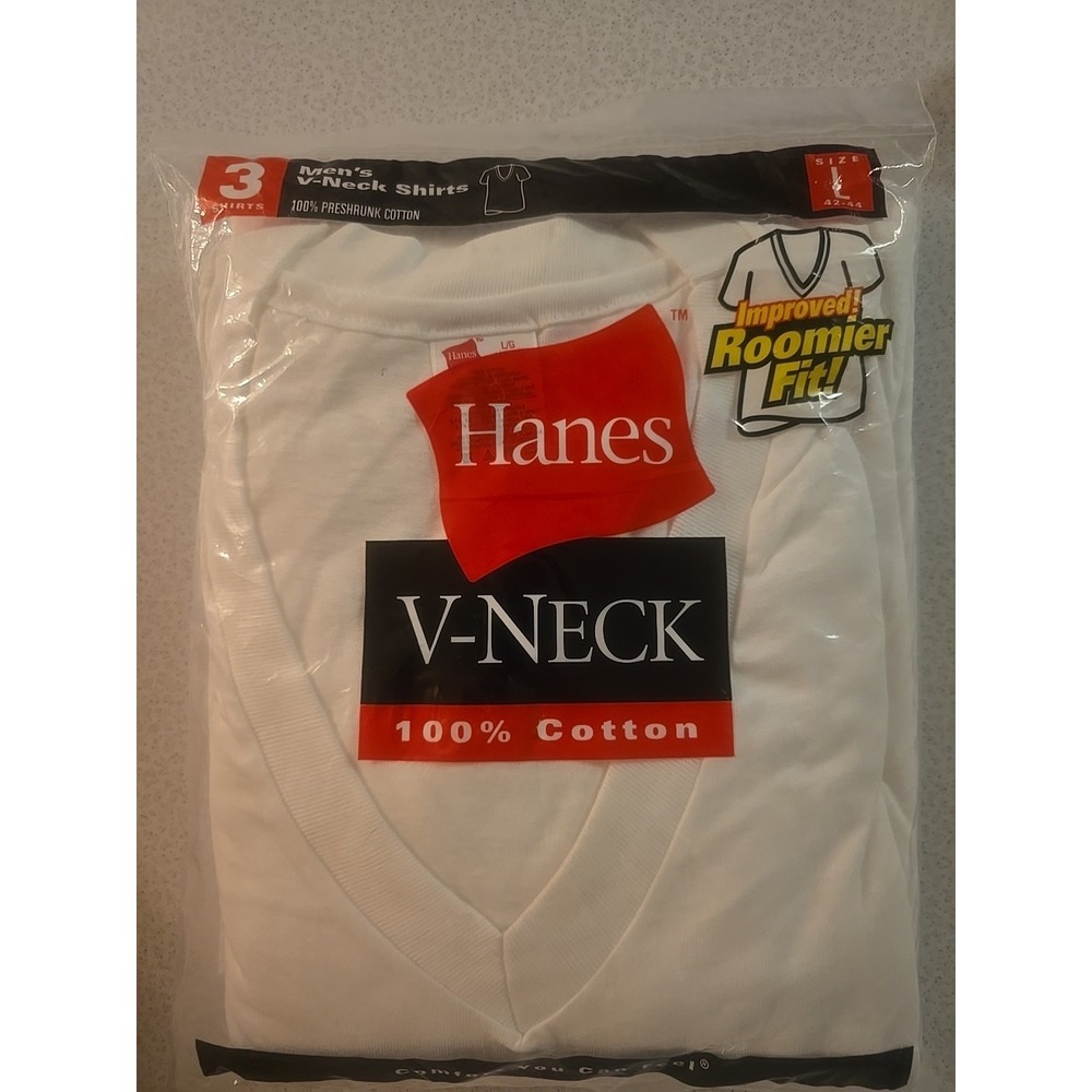 Vintage Y2K Hanes V Neck T Shirts Mens L 3 PK New In Pkg Roomier Fit White